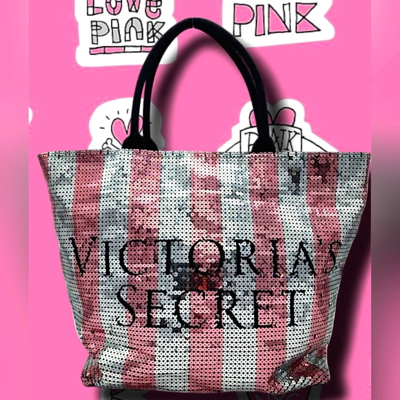 Victoria's Secret Weekender Duffle Travel Bag🎒 Pink Bling Sequin Stripes - Picture 3 of 10
